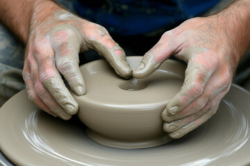 Pottery making with hands shaping clay on a wheel