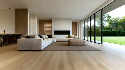 Obraz premium Modern living room with large windows, minimalist design, and natural light showcasing a serene atmosphere.