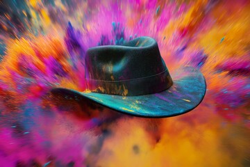 Black fedora hat surrounded by a vibrant explosion of colored powder in shades of pink, purple,...