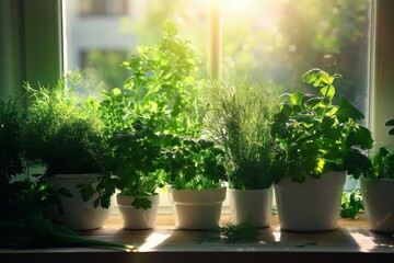 Fototapeta premium Green potted herbs bask in sunlight on a kitchen windowsill, creating a lively and fresh atmosphere full of growth, vitality, and culinary potential in the space.