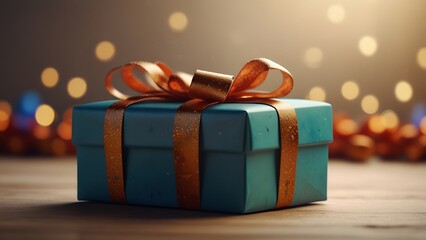 Brightly wrapped gift box with a bow, set against a bokeh background. This festive image conveys joy and celebration, perfect for use in advertisements, cards, or promotional materials.