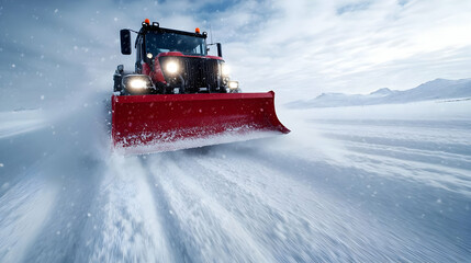 Powerful snowplow clearing a snow-covered road in a winter landscape.