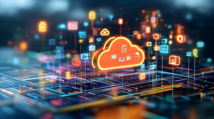A vibrant, high tech image showcasing a digital cloud computing concept with a network of interconnected elements and colorful icons representing various applications and services.