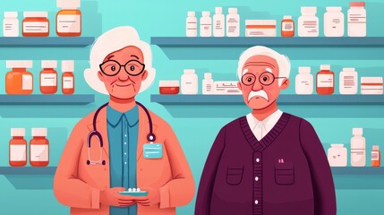 A friendly pharmacist talks to an elderly man in a colorful pharmacy filled with medicine bottles on shelves.