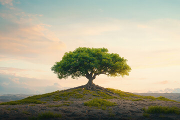 Fototapeta premium majestic ancient tree stands alone in serene field, showcasing its vibrant green foliage against soft, pastel sky. roots are deeply embedded in earth, symbolizing strength and resilience