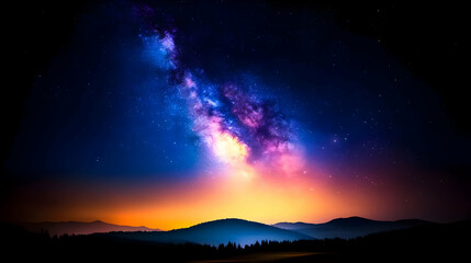 Fototapeta premium Stunning view of the Milky Way galaxy over mountains at night, illuminated by vibrant colors in the sky.