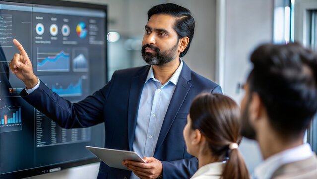 An Indian IT leader strategizing digital transformation initiatives, using visual data and analytics on a smartboard to guide team members.
