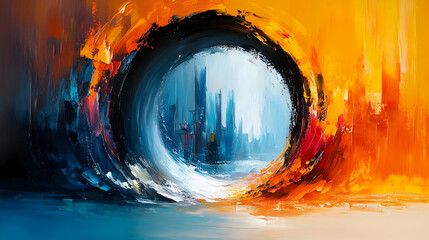 Abstract Painting with Black Circle and Cityscape