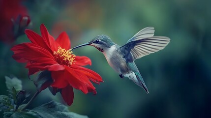 Fototapeta premium Tiny Hummingbird Hovering Over Bright Red Flower Drinking Nectar Symbol of Energy and Beauty