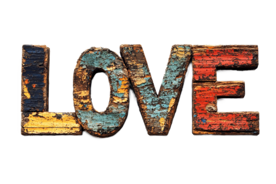 Decorative love letters forming the word 'LOVE' in bold font, placed on a white background  - Powered by Adobe