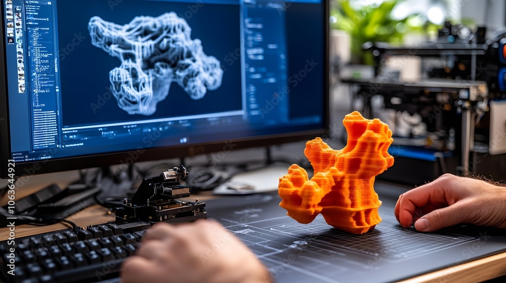 Leinwandbilder Candid photo of a person interacting with a 3D printed object on a 2D digital blueprint, blending physical innovation with digital design, 4k resolution
