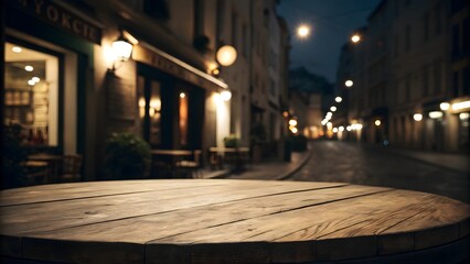 Blurry Night Scene with Wooden Tabletop, Stylish Product Presentation
