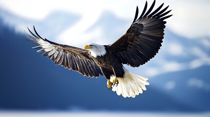 Fototapeta premium Majestic Bald Eagle Soaring High in the Sky with Outstretched Wings Symbolizing Freedom and Vision
