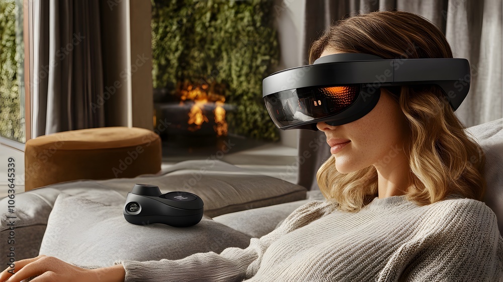 Poster Lifestyle photo of a woman using virtual reality controls to view 2D metrics on a 3D product prototype, integrating analytics with design, 4k resolution