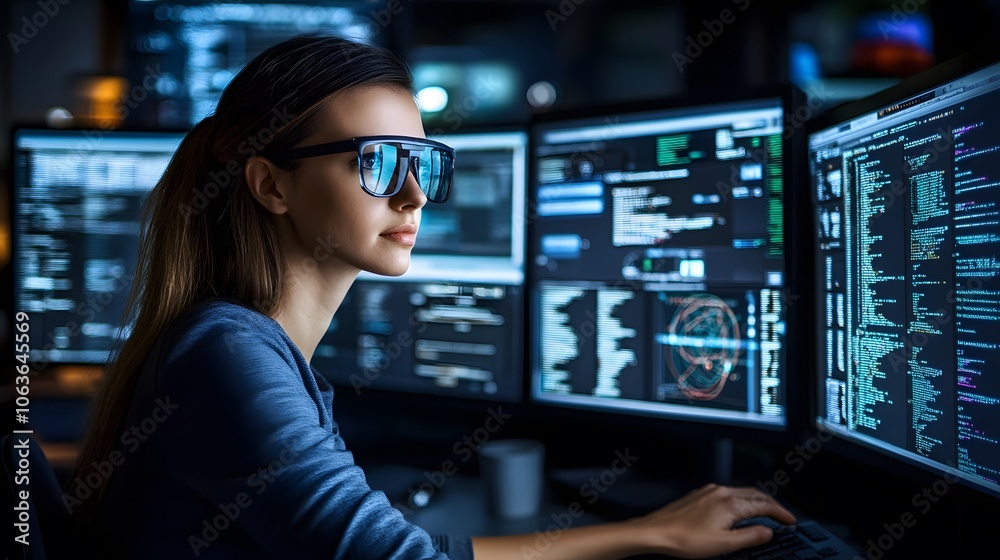 Poster Candid photo of a woman using augmented reality glasses to view 2D data projections over a 3D workspace, integrating productivity with innovation, 4k resolution