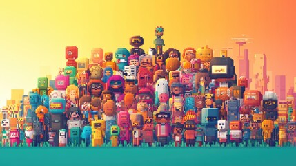 A crowd of colorful pixelated characters.