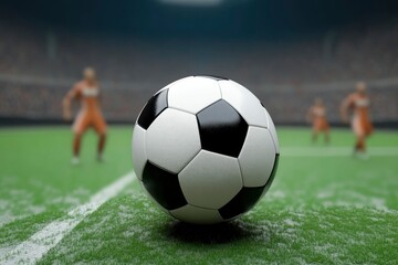 Fototapeta premium Soccer Ball on Green Field with Blurred Players in Background