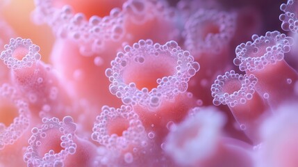 microscopic view of vibrant pink viral particles showcasing their intricate structures and scientific detail against a clean background emphasizing the beauty in microscopic biology