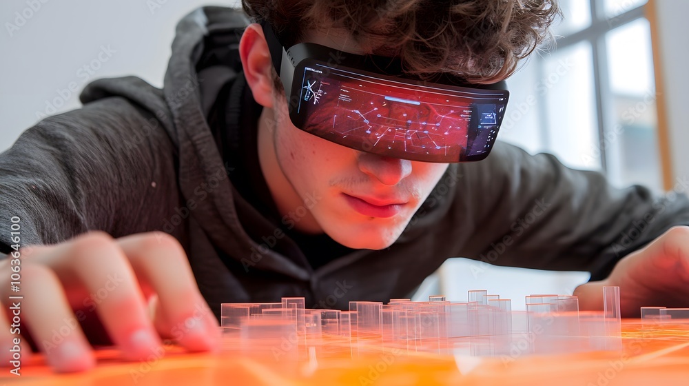 Poster Candid photo of a student studying a 3D map with AI-suggested study points marked in 2D overlays, blending spatial learning with intelligent guidance, 4k resolution