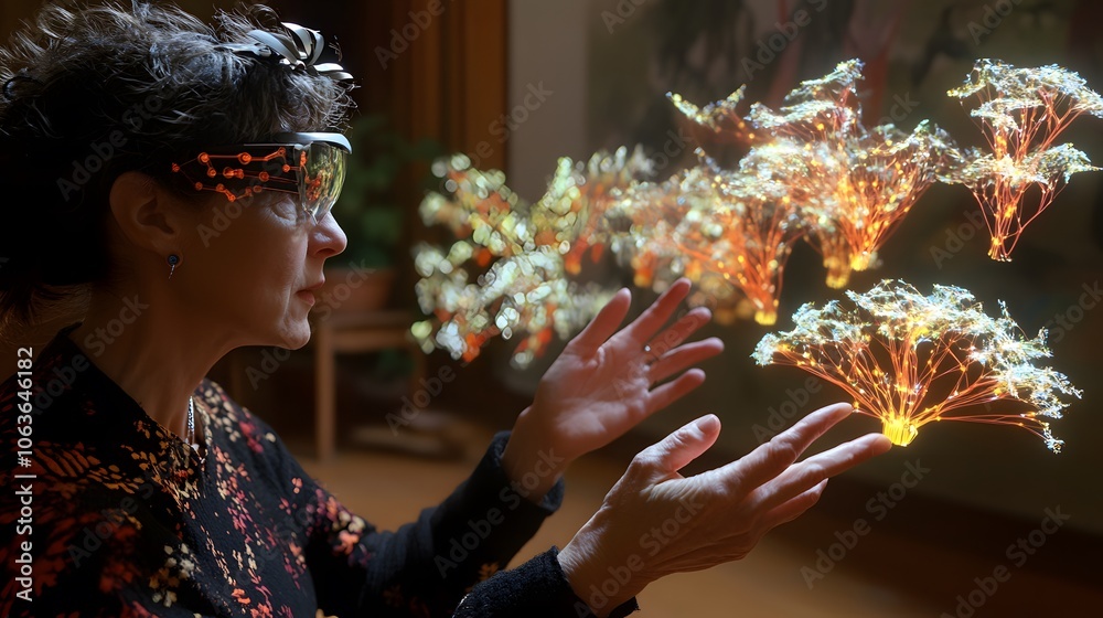 Poster Lifestyle photo of a person interacting with a 3D product model powered by AI, with 2D analytics and feedback options, merging design with user insights, 4k resolution