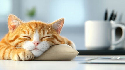 Sleeping orange tabby cat resting on tiny pillow, peaceful and relaxed. cozy atmosphere enhances charm of this adorable feline