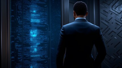 Candid photo of a developer testing AI algorithms on a 3D interface, with 2D debug information appearing on a secondary screen, merging code with interactivity, 4k resolution