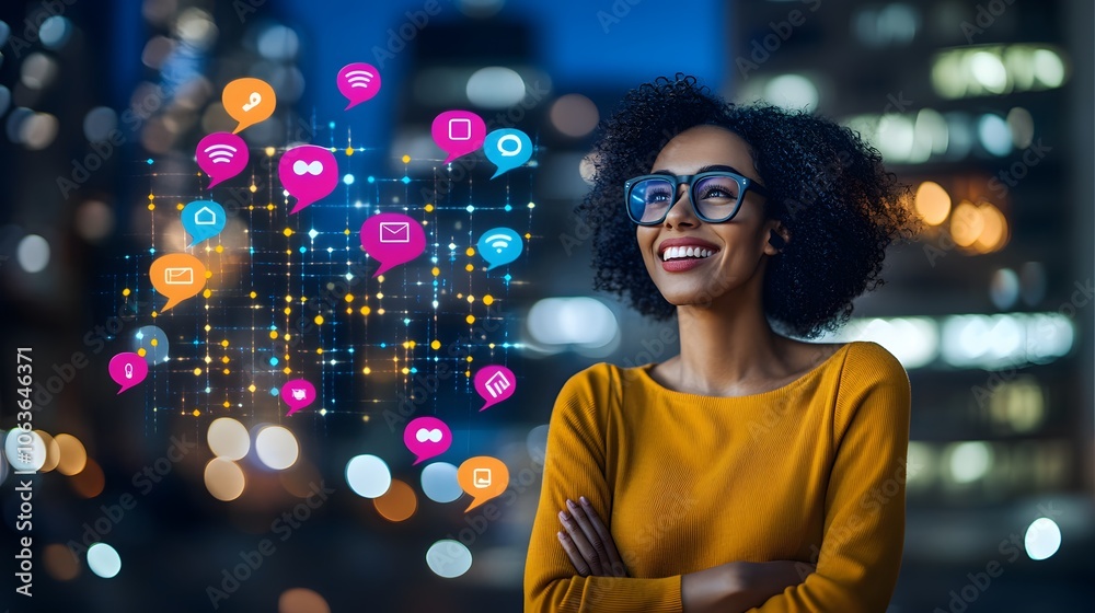 Poster Lifestyle photo of a person wearing augmented reality glasses to view 2D chat bubbles from a 3D AI communication assistant, merging connectivity with innovation, 4k resolution