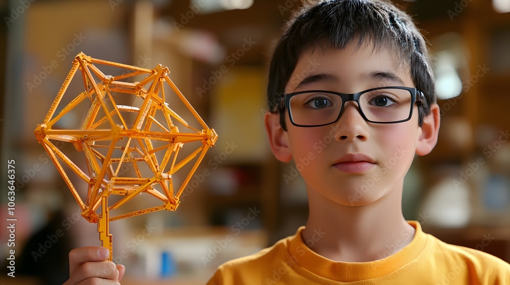 Poster Candid photo of a student learning geometry through a 3D AI visual model with 2D measurement tools displayed, blending spatial understanding with smart technology, 4k resolution