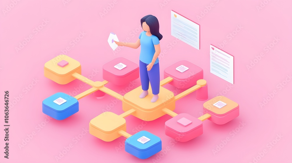 Poster Lifestyle photo of a woman teaching machine learning with a 3D decision tree model and 2D explanatory notes around, creating an immersive educational scene, 4k resolution