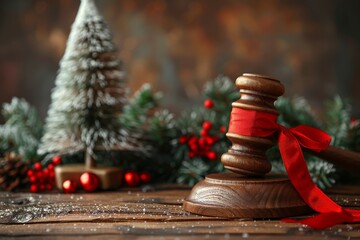 A wooden judicial gavel with a red ribbon decorated for the Christmas holidays beside a small Christmas tree on a wooden table. Christmas and New Year greetings from the law firm. With copy space