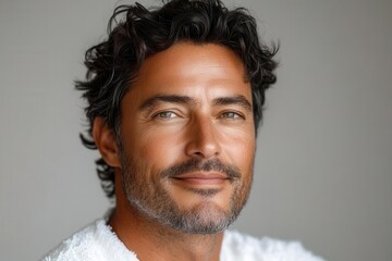 Fototapeta premium middleaged man applying facial antiage skincare cream smiling at the camera against a white background the portrait emphasizes confidence and is ideal for skincare product advertising