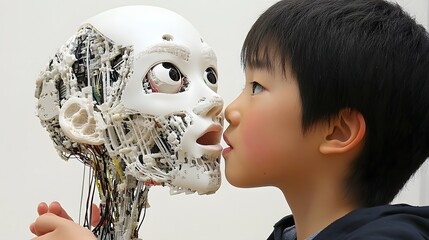 Candid photo of a child playing with a 2D-3D hybrid robot, featuring 2D animated expressions on a 3D body, merging playfulness with technology, 4k resolution