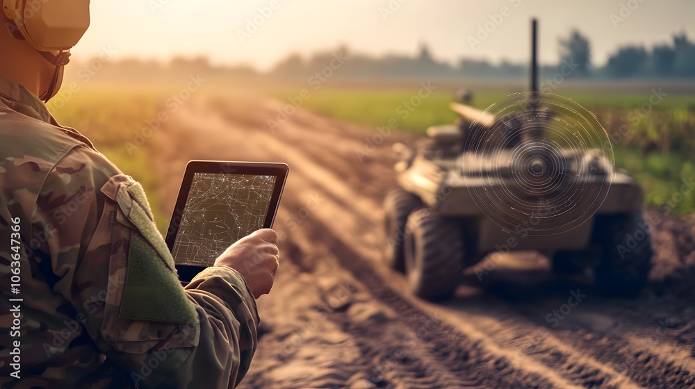 Poster Lifestyle photo of a military operator using a tablet to guide a 3D robotic vehicle, with 2D target and terrain mapping overlays, merging robotics with interactive strategy, 4k resolution