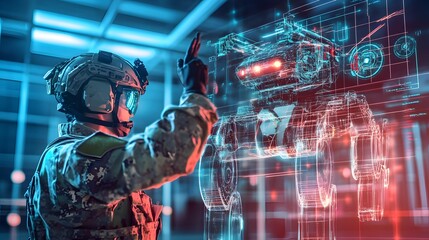 Lifestyle photo of a military personnel operating a 3D reconnaissance robot with 2D tactical overlay on a digital screen, blending real-world control with strategic visualization, 4k resolution