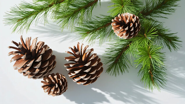 Pine cones and green pine branches arranged together, isolated on a white background. - Powered by Adobe