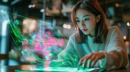 Obraz premium The Woman with Holographic Laptop