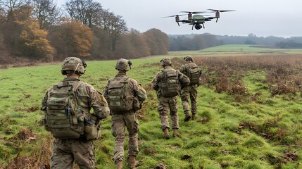 Candid photo of soldiers testing a 3D autonomous drone with 2D mission briefing overlays, creating a comprehensive view of automated operations, 4k resolution