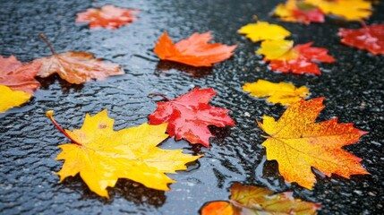 Close-up of colorful autumn leaves on a wet pavement after the rain.