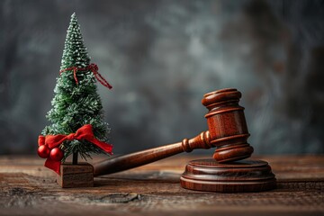 A wooden judicial gavel beside a small Christmas tree decorated for the Christmas holidays and festive greenery on a wooden table. Christmas and New Year greetings from the law firm. With copy space