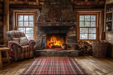 Cozy Cabin Interior with Fireplace and Plaid Rug