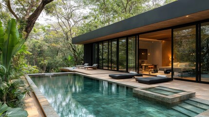 Modern house with a swimming pool in a tropical forest.