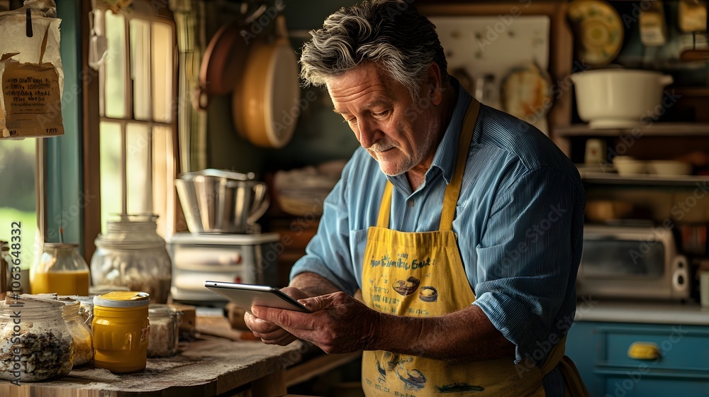 Poster Lifestyle photo of a dad preparing breakfast in a 3D kitchen with 2D animated recipes displayed on a tablet, blending daily routines with technology, 4k resolution