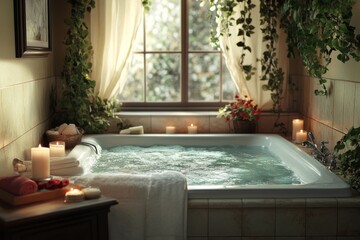 Relaxing Bathroom with Hot Tub  Candles  and Plants