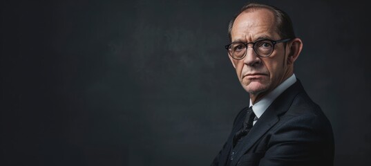 Fototapeta premium Professional Portrait of Mature Man in Glasses Against Dark Gray Background