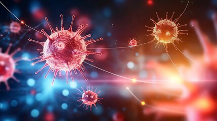 Detailed 3D rendering of virus cells with glowing effects, representing viral infection, microbiology, and scientific research themes.
