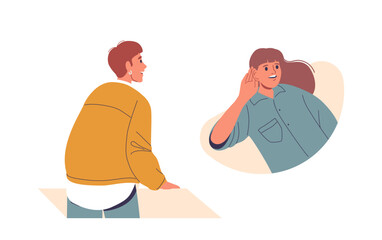 Cartoon Illustration Captures Two Curious People In Vibrant Interaction One Listens Intently While The Other Speaks