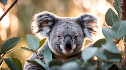 Obraz premium Serene macro view of a koala nestled among the lush foliage of a eucalyptus tree reflecting the calmness of morning