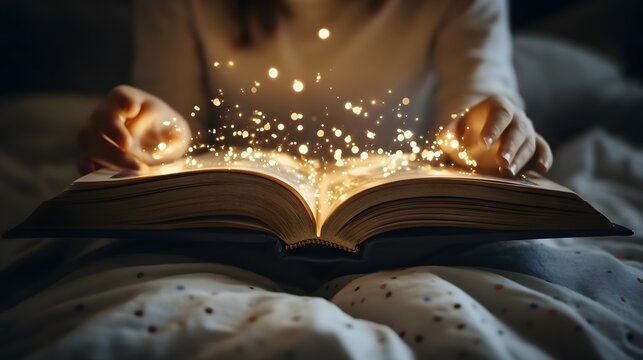 Candid photo of a child reading a bedtime story with 2D characters coming to life around the 3D book, creating a magical storytime, 4k resolution