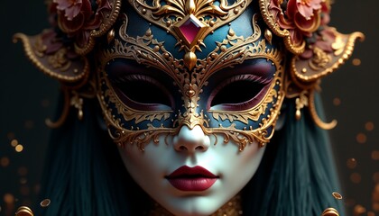 Elegant woman wearing an ornate masquerade mask with intricate details