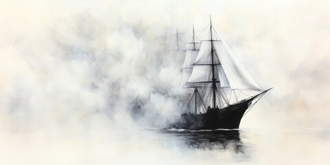 Obraz premium A sailing ship cuts through a misty sea, its sails billowing in the wind.